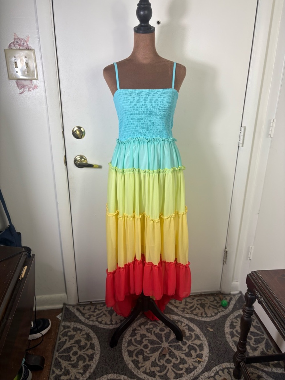 Women’s Sz M lined Hi-Low Tiered Ombre Smocked Maxi Dress in Aqua, Yellow & Red - Picture 5 of 9